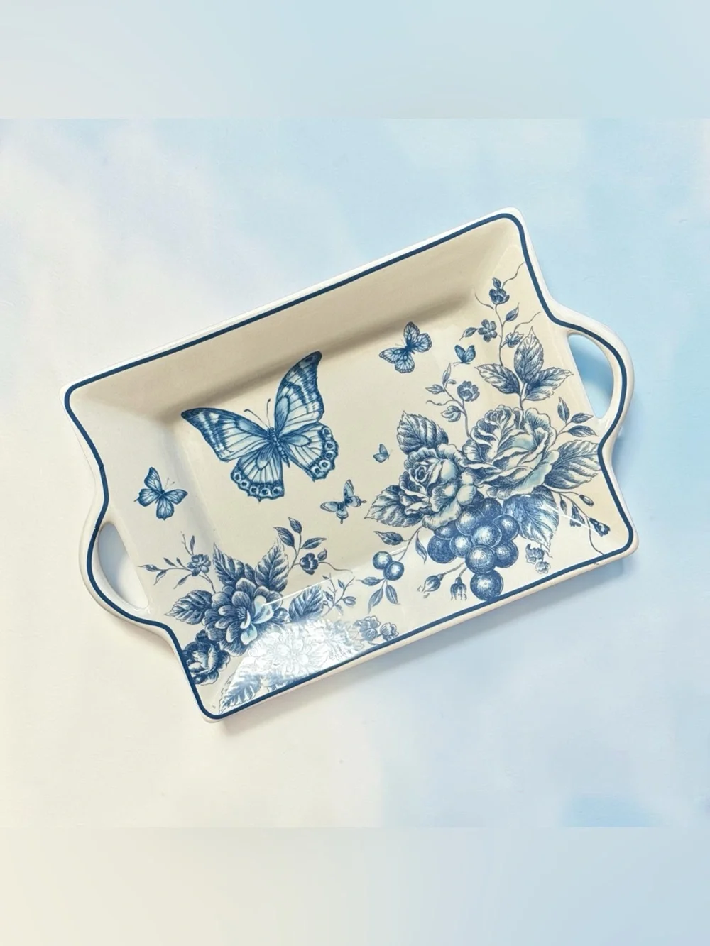 Vintage Maxcera Blue Butterfly & Floral Ceramic Serving Tray with Handles
